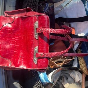 Chic Red Crocodile-Pattern Shoulder Bag. Butterfly detailing